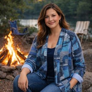 Southern Lady Blue Geometric Cardigan 1X Size 14 Cozy Open Front Knit